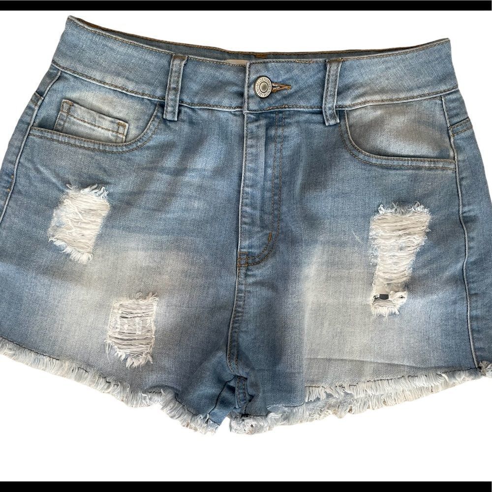 Labijou denim distressed high waist shorts with raw fringe hems, size S